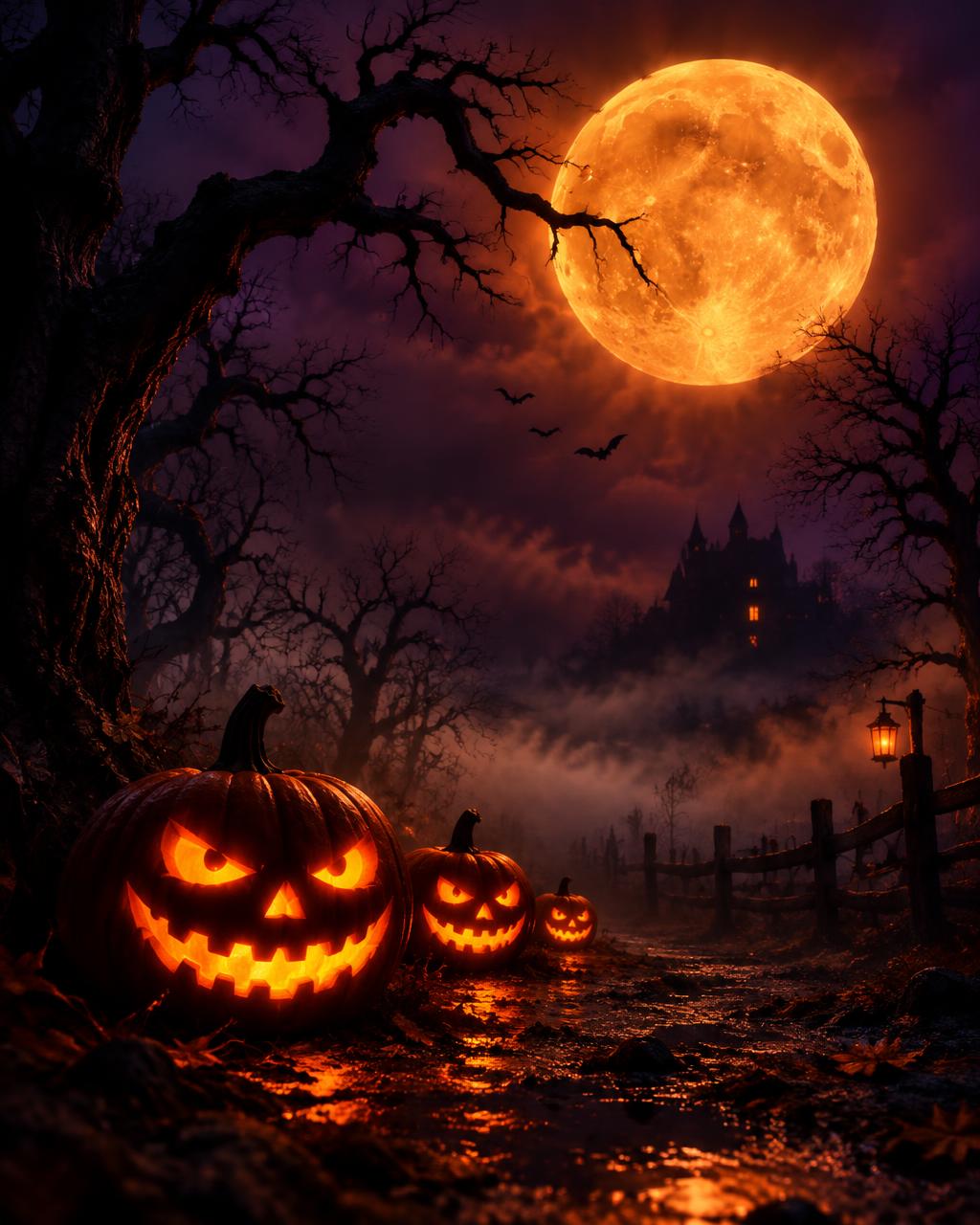 Glowing jack-o'-lanterns under a full moon